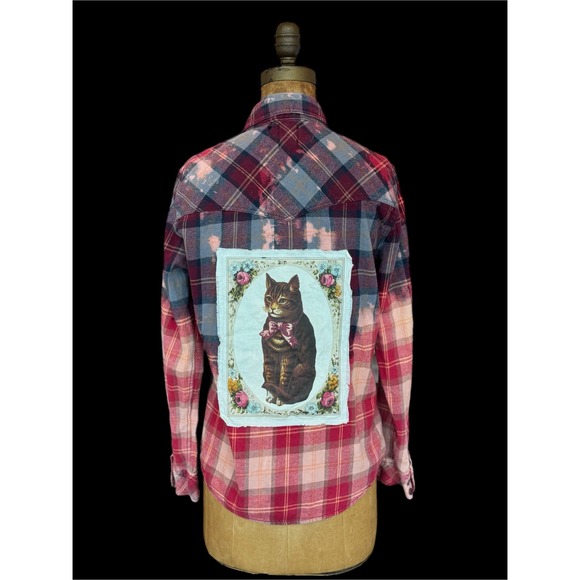 Upcycled/Reworked Flannel Shirt| Vintage Cat Patchwork| Cottage Core| XS - Picture 3 of 6